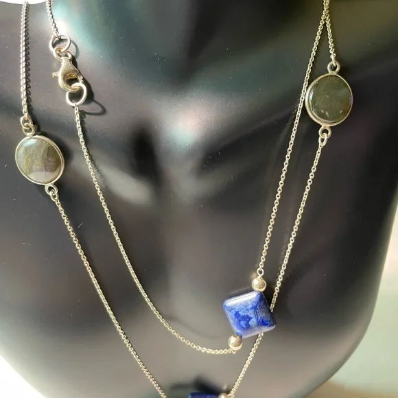 Lapis and Round Labradorite 925 Sterling Silver Station Necklace 36” - Picture 10 of 15
